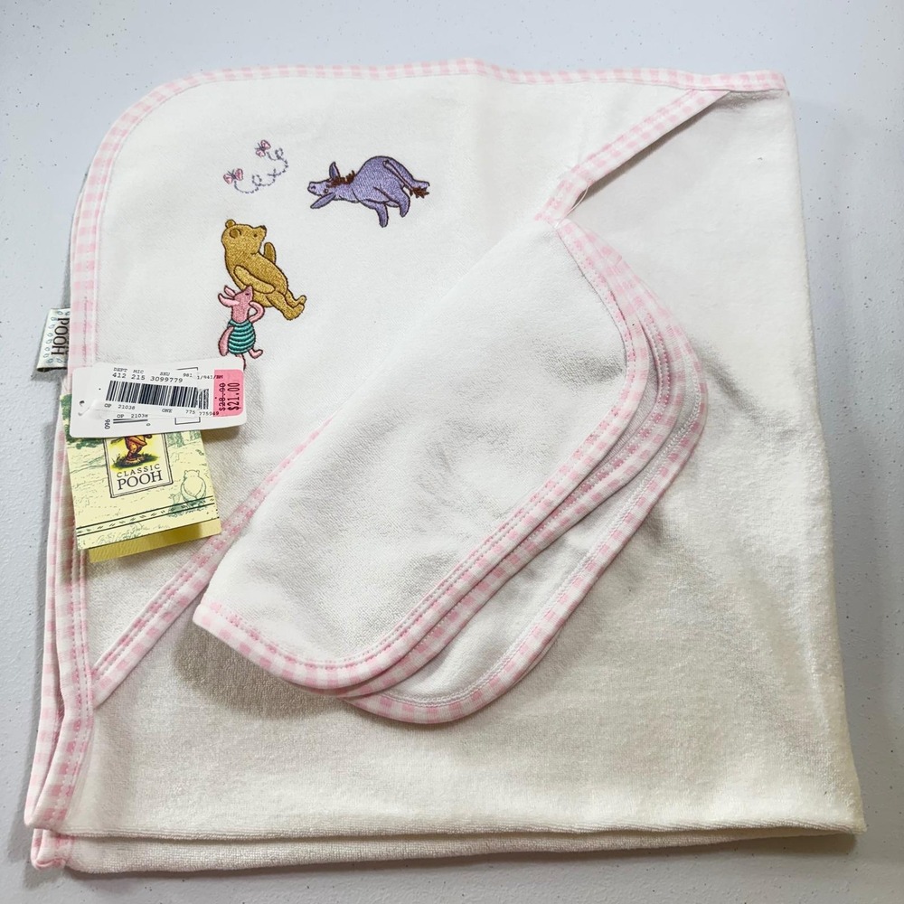 VTG Disney Classic Winnie the Pooh Terry‎ Hooded BabyTowel Washcloth Set Gingham